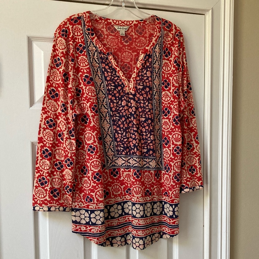 Lucky Brand Rust and Blue Graphic Tuni